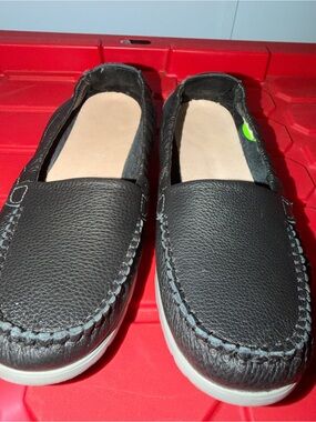 SAS Black Leather Slip-On Moccasins with White Soles